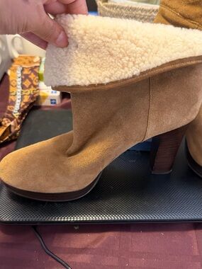 UGG Chestnut Suede Shearling-Cuff High Heel Ankle Boots